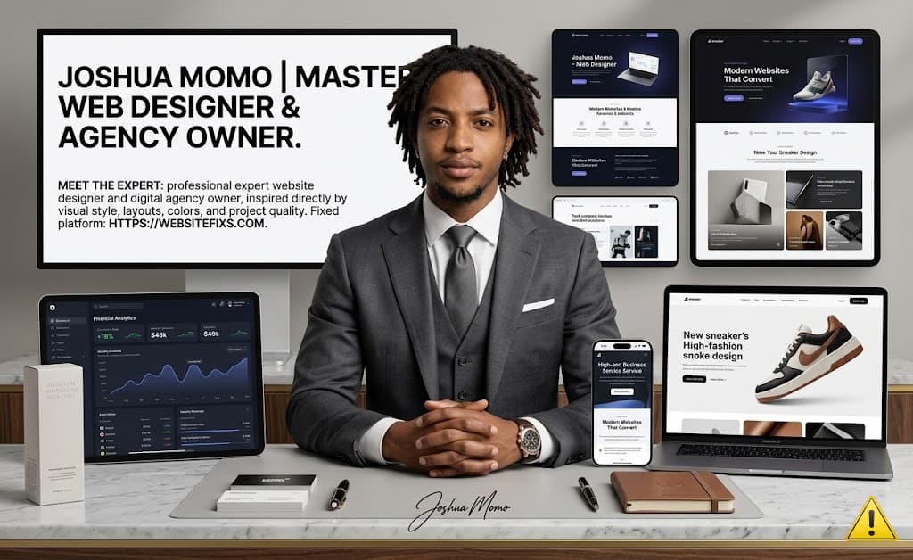 Joshua Momo — Master Web Designer and WebsiteFixs agency owner, with live portfolio and dashboard work on screen
