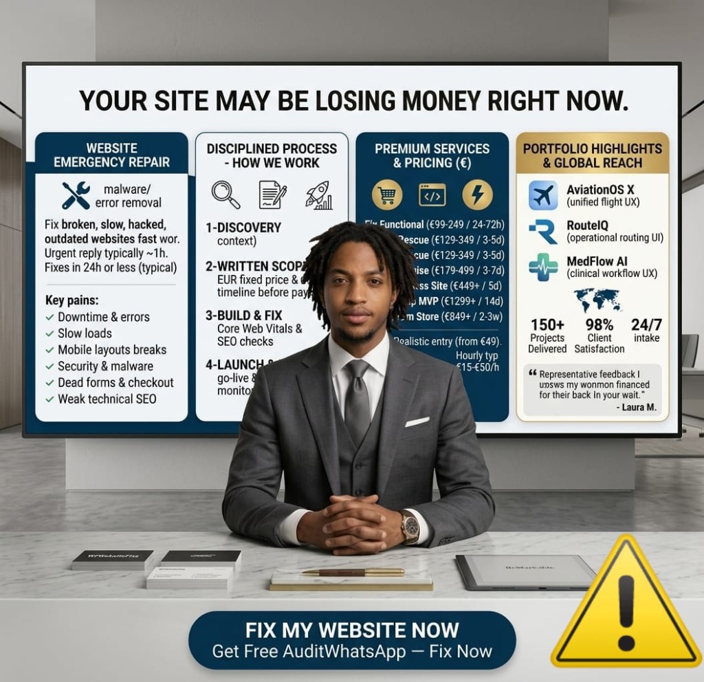 WebsiteFixs service map — repair, process, EUR pricing and portfolio
